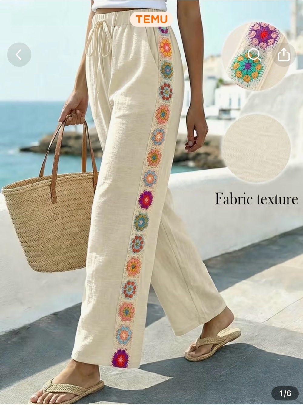 Boho Crochet-Trim Wide Leg Pants - Cream